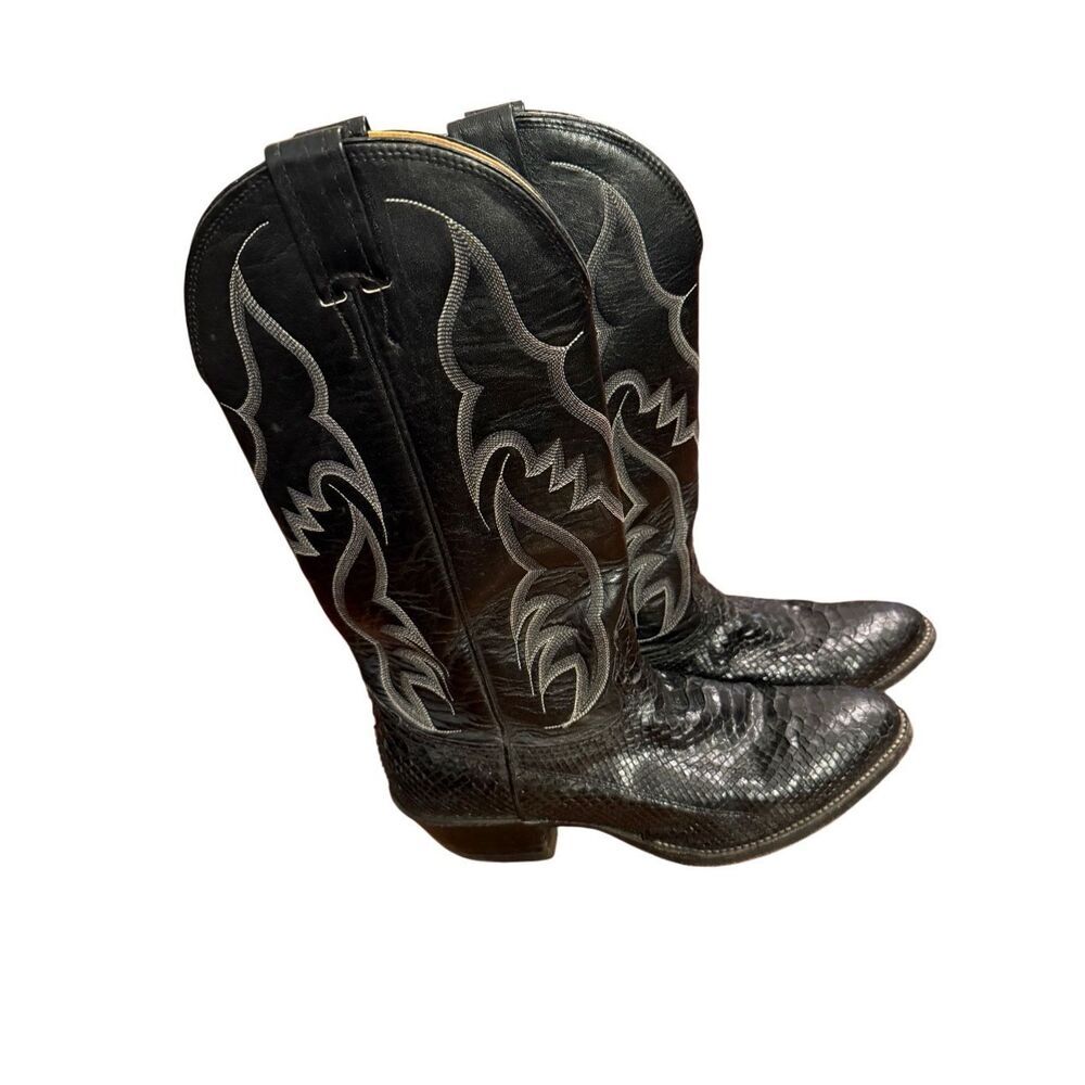 Nocona Vintage Black Boa Snakeskin Cowboy Boots sz 8D Back Cut‎ 70s 80s